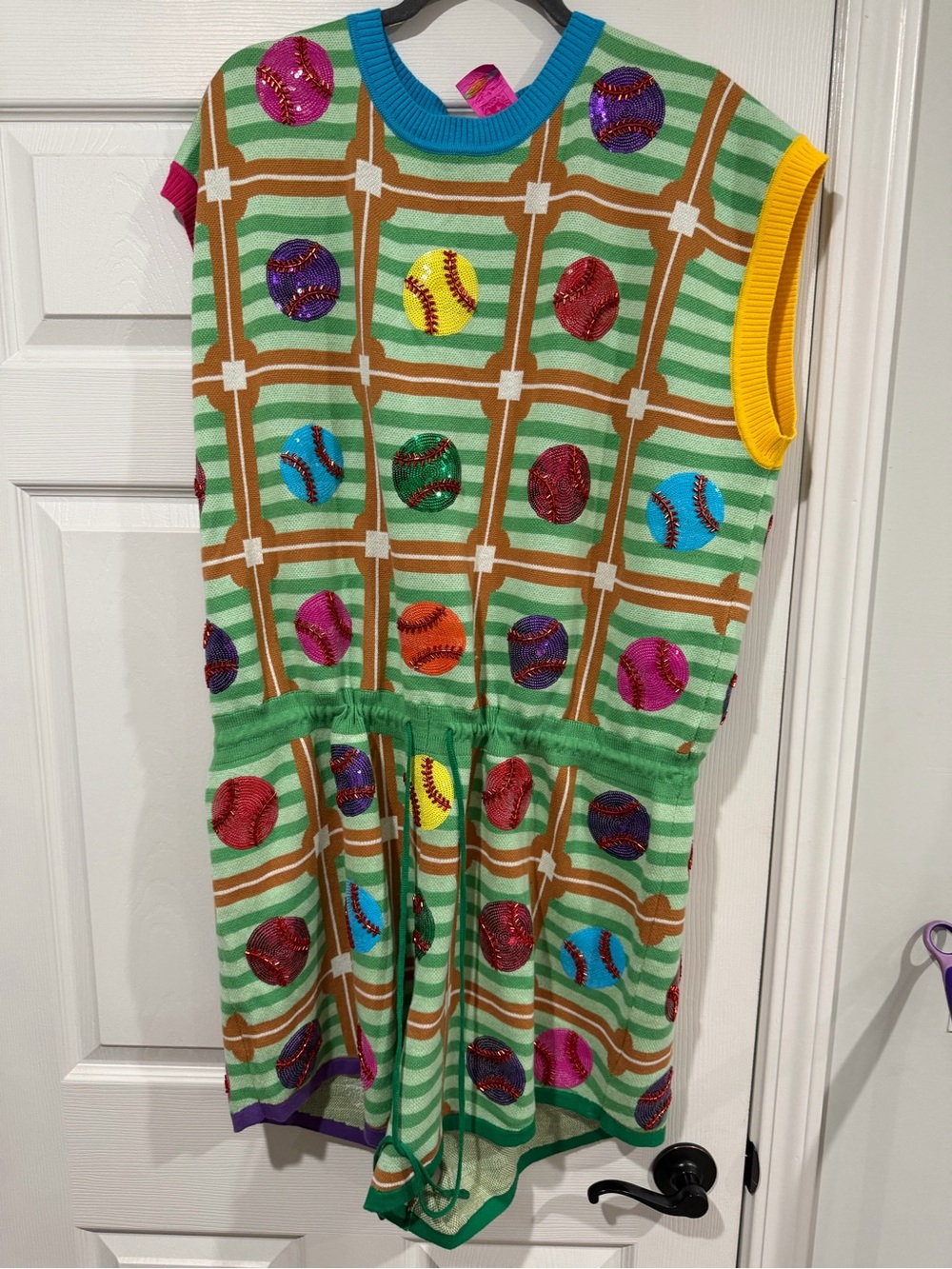 Queen of Sparkles Colorful Baseball Dot Knit romper- Multicolor Green
